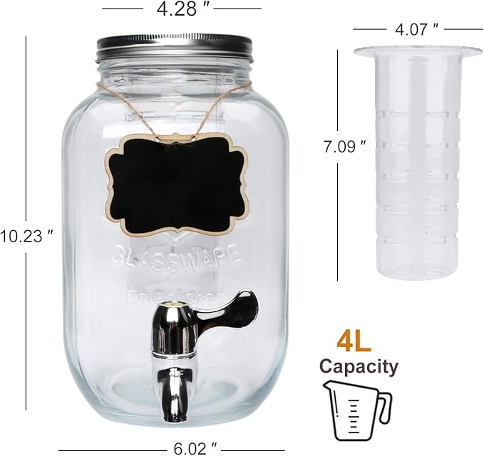 1-Gallon Glass Beverage Dispenser, Accguan Drink Dispenser