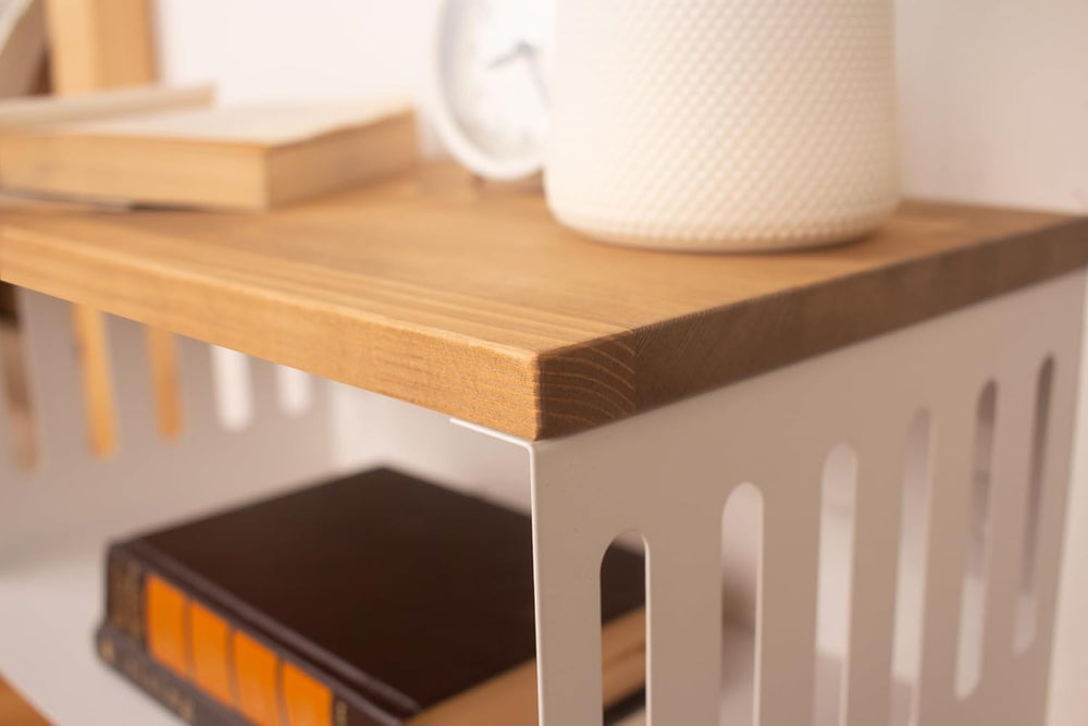Floating Nightstand with White Metal Base, Wooden Top and Sturdy Metal Base, ...