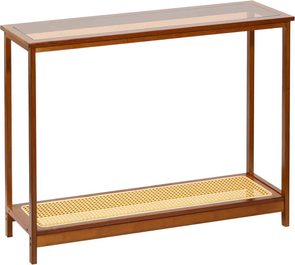 Bamboo Narrow Console Table, 39.4"(L) Wood Small Entryway Table with Rat...