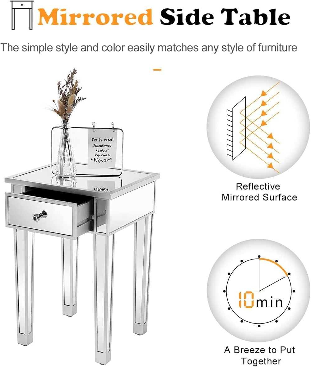 VINGLI Mirrored End Table with Drawer Silver Modern Nightstand/Bedside/Accent...