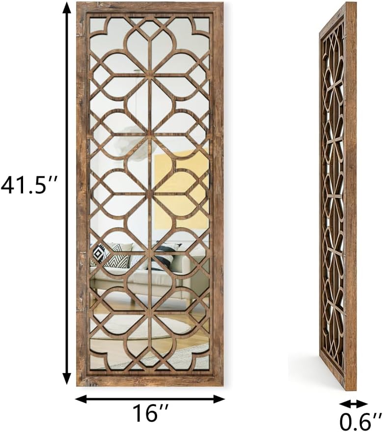 Set of 2 16x41.5 Inch Large Carved Floral Wood Frame Wall Mirrors, Shatterpro...