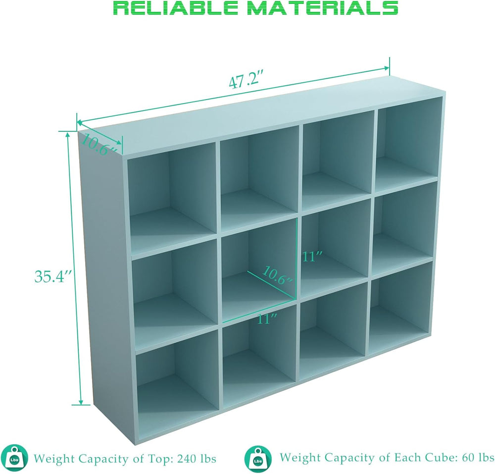 12-Cube Storage Shelf Bookcase - Wooden 3-Tier Floor Standing Open Bookshelf ...
