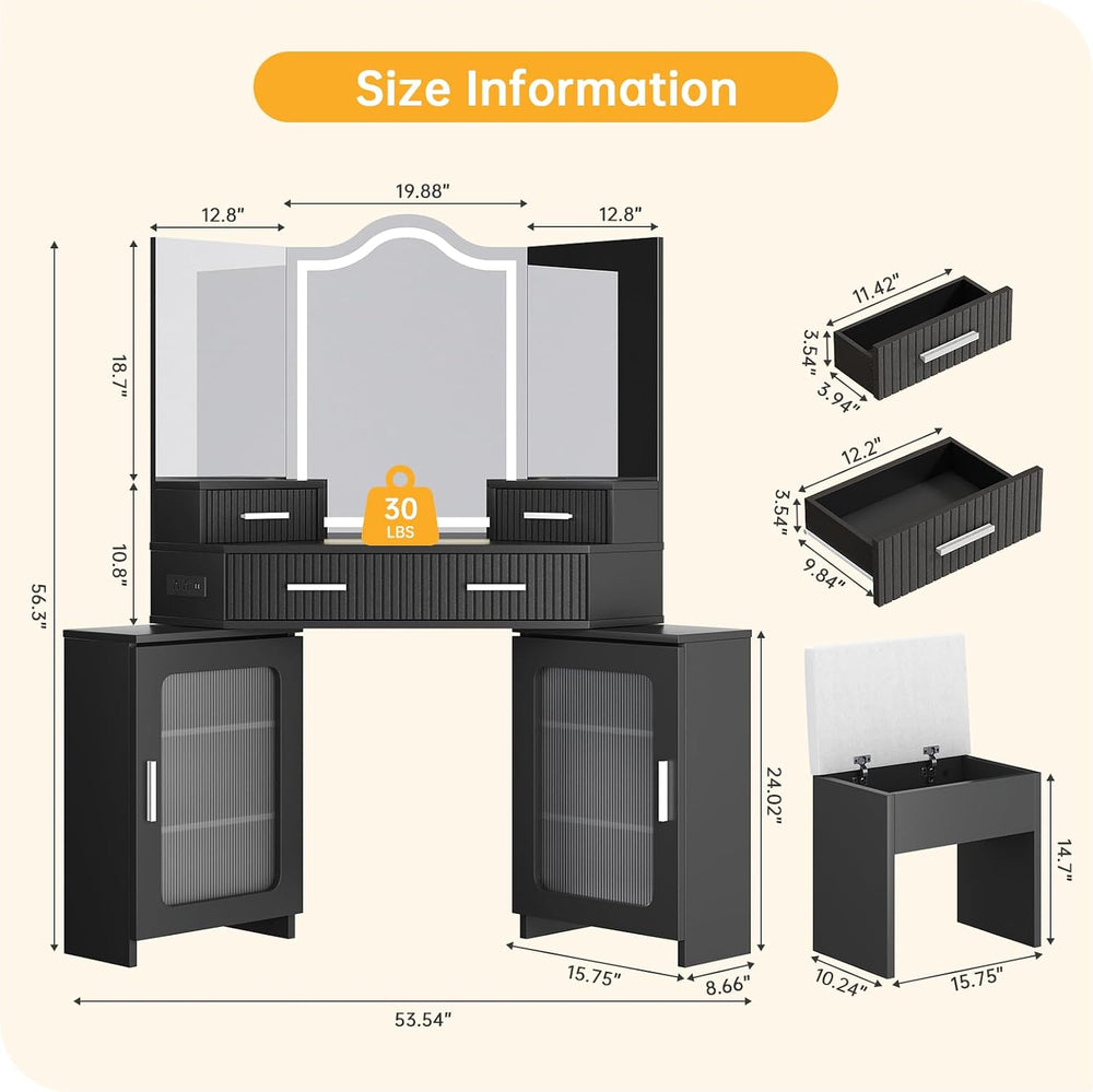 Corner Vanity with Mirror and Lights, Vanity Set with Tri-Way Mirrors | Makeu...