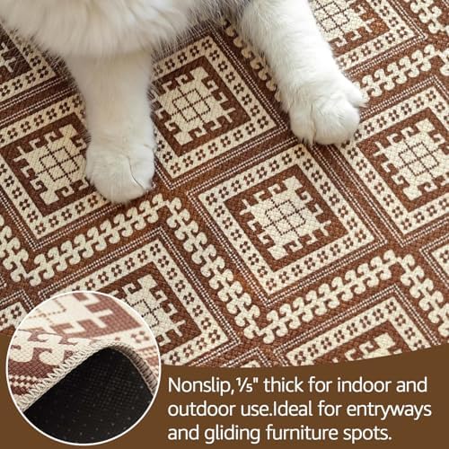 jinchan 5x7 Faux Jute Area Rug Washable Tile-Inspired Rug, Terracotta Brown