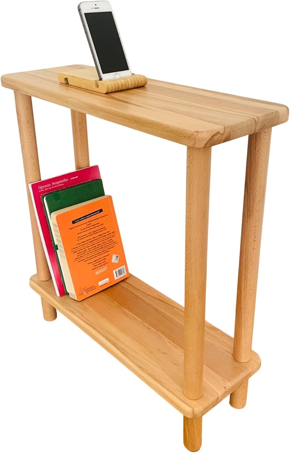 Handmade Slim Side Table Solid Beech Wood for Couch Living Room, Authentic Na...