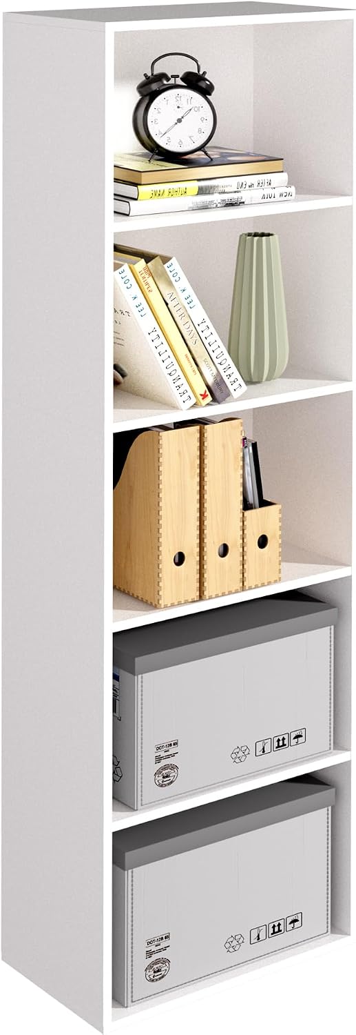 Wooden 5 Cube Storage Organizer, White 5 Tier Bookcase Bookshelf Freestanding...
