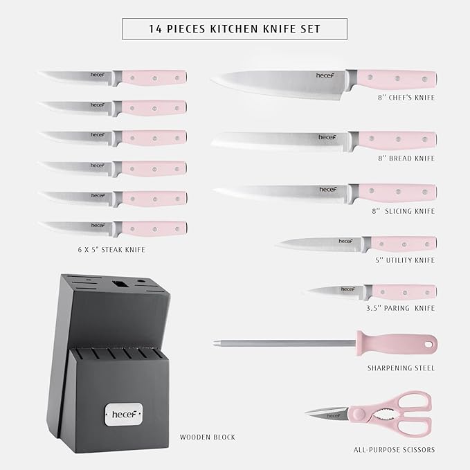 hecef Kitchen Knife Block Set, 14 Pieces Knife Set