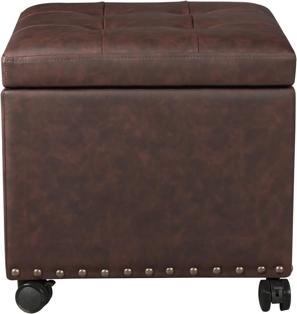 Adeco 16.7" H Brown Leather Storage Ottoman with 360 Caster Wheels, Squa...