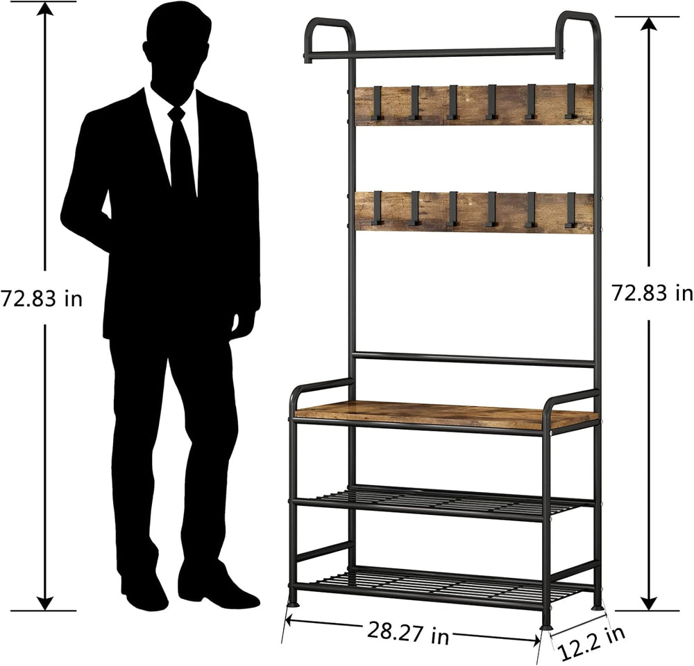 LINZINAR Coat Rack Hall Tree with Bench and Shoe Storage 3 in 1 Entryway | St...