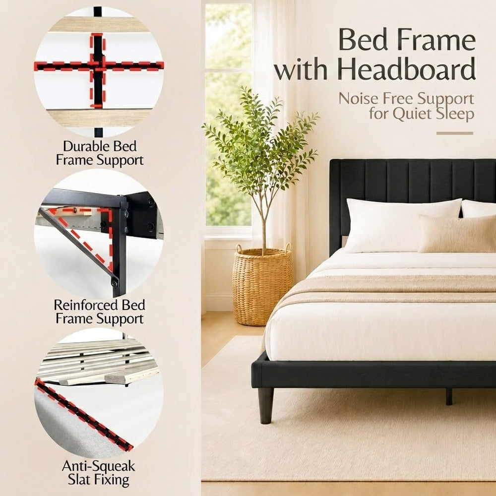 Full Modern Upholstered Platform Bed Frame with Headboard, Black