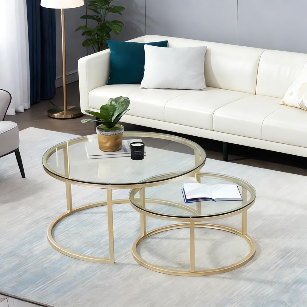 Round Nesting Coffee Table Gold Set of 2 for Living Room, Modern Side Tables ...