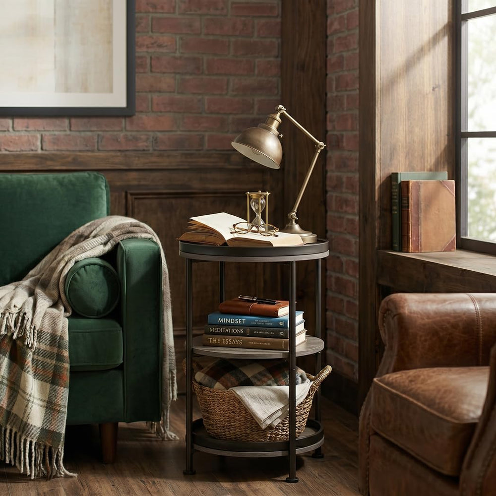 Dulcii Round Side Table with 3 Shelves for Living Room, Bedroom Nightstand wi...