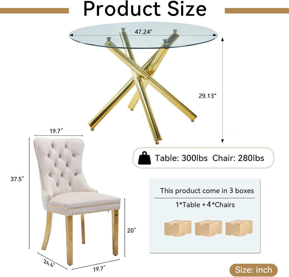 Round Glass Dining Table Set for 4, Small Kitchen Table Set for 4, 47" C...