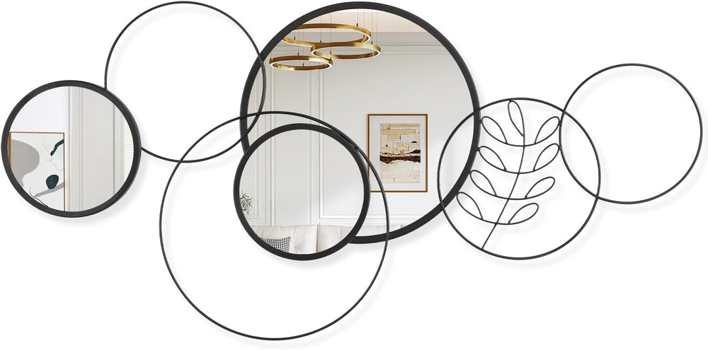 Black Round Wall Mirror Set, Metal Framed Circle Mirror Set Modern Decorative...