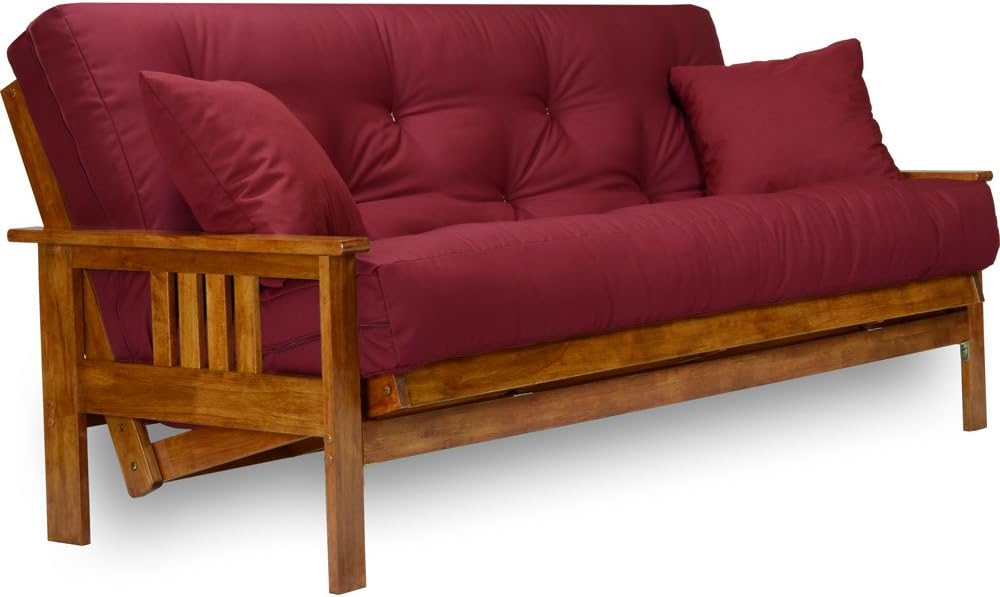Stanford Futon Set - Full Size, Frame, 8" Mattress, Twill Burgundy Cover