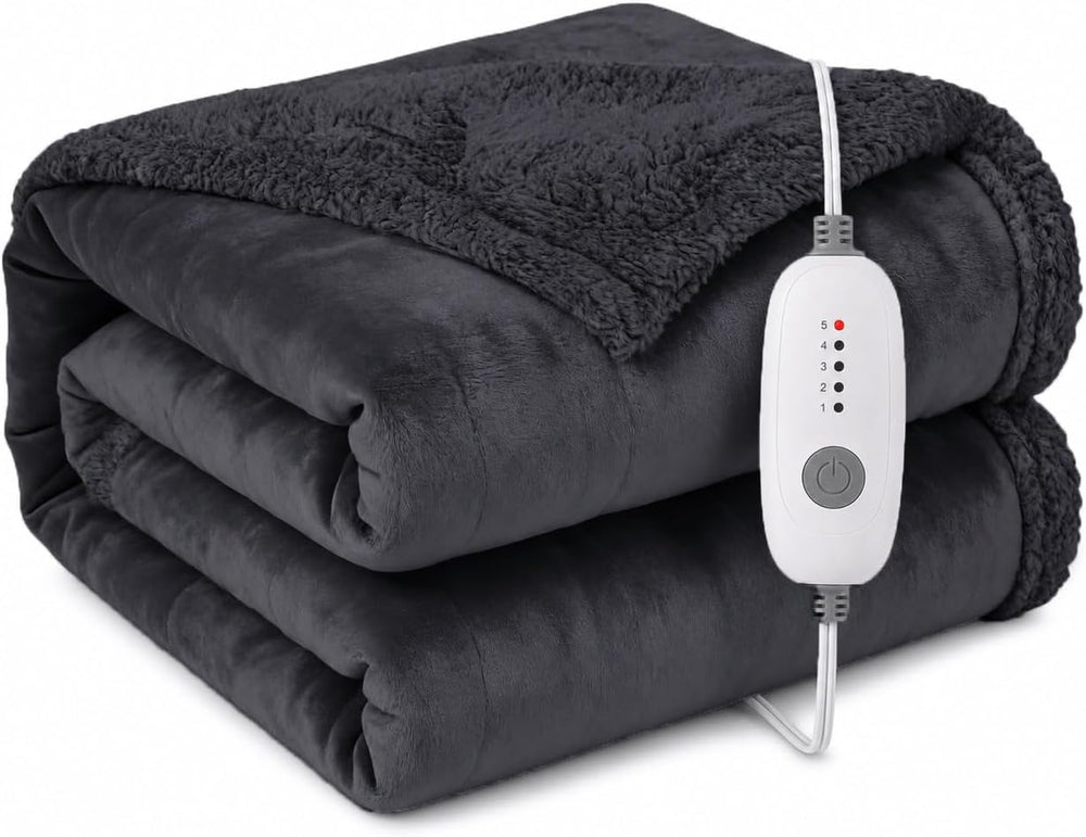 Electric Heated Blanket, Dark Gray, Full 72"x84", Flannel and Sherpa