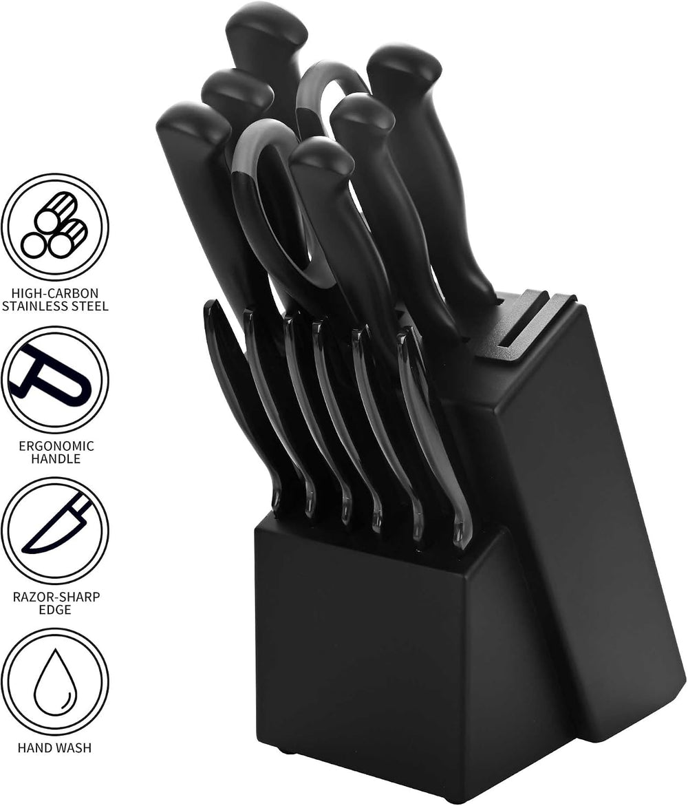 15-Piece Black Kitchen Knives Set, Knife Block Set with Built-In Sharpener