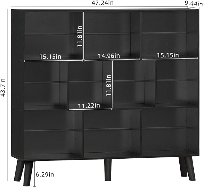 YAHARBO 10 Cube Bookshelf,3 Tier Bookcase with Legs,Black Mid-Century Modern ...