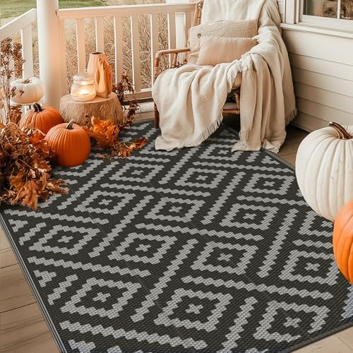 GENIMO Outdoor Rug, Waterproof Plastic Rugs for Patio, 6'x9' Black Grey