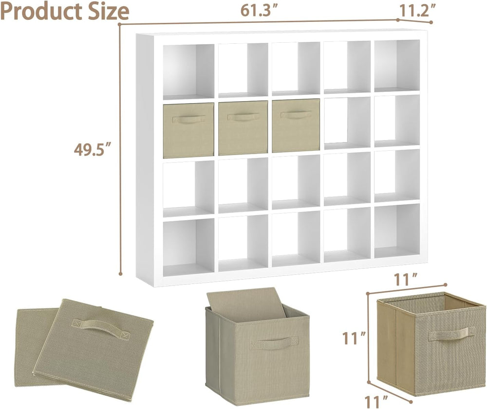 Sturdy Wooden Bookshelf with Storage Bins - 20-Cube Organizer, Multifunctiona...