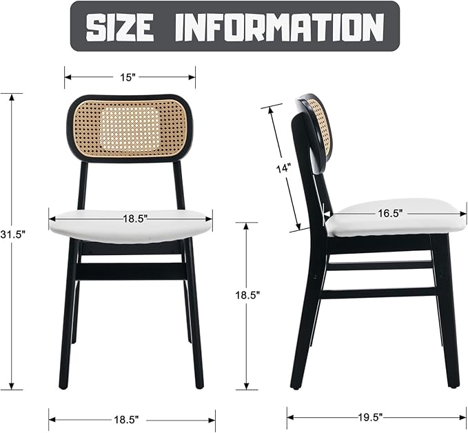 Rattan Dining Chairs Set of 4 Black Wooden Dining Room Chairs White Faux Leat...