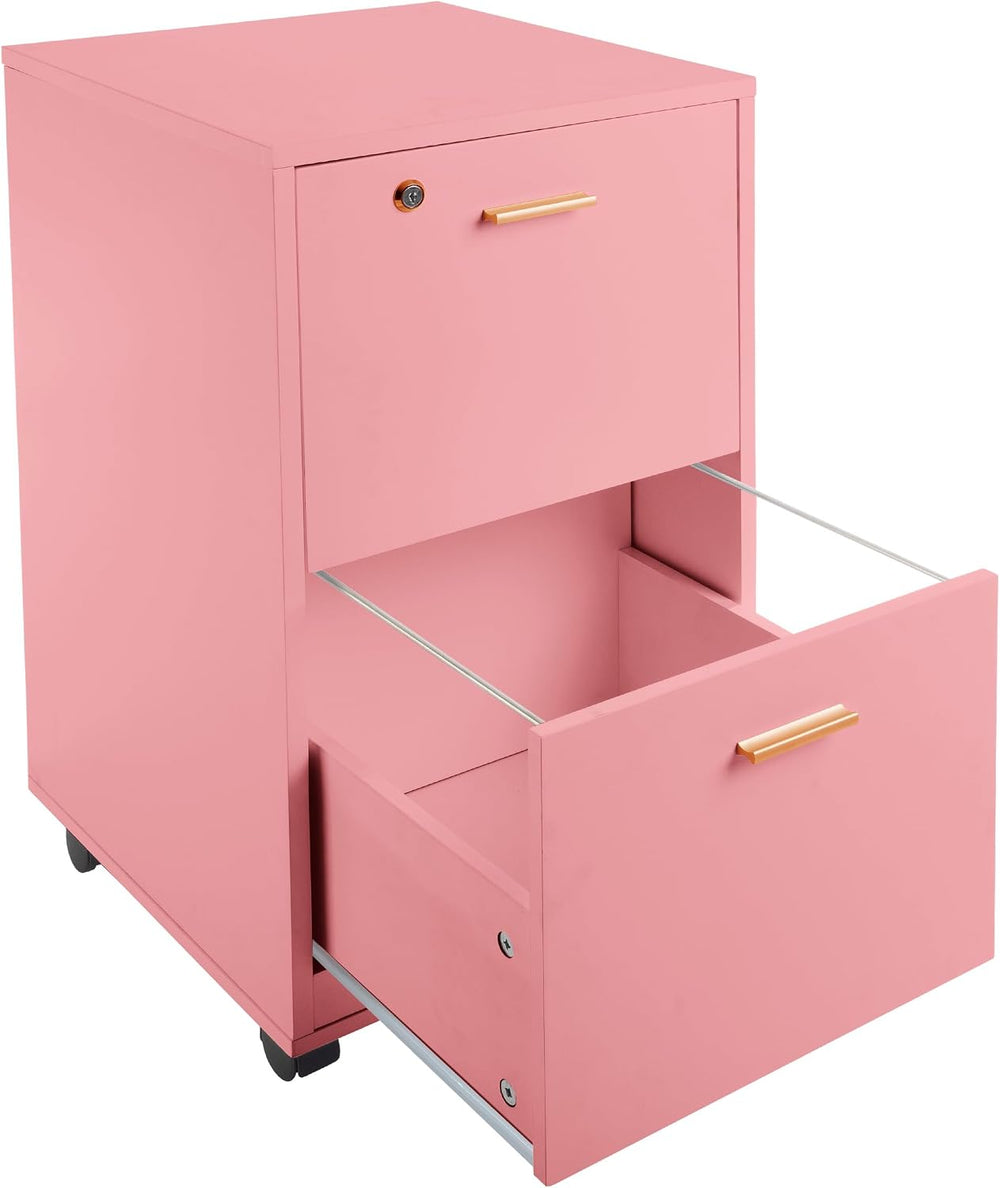 Lavish Home 2-Drawer Wooden File Cabinet with Lock, Pink, 16” x 27” | Rolling...