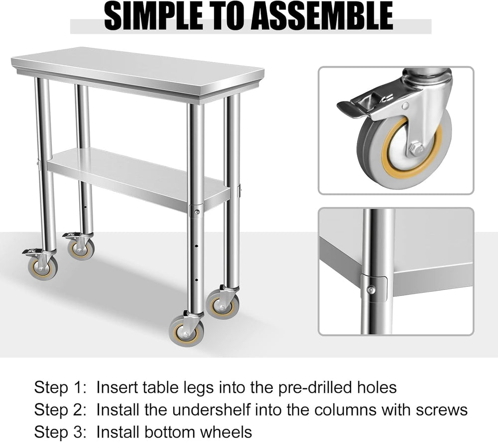 Stainless Steel Table for Prep & Work 30 x 12 Inches with Caster Wheels, ...