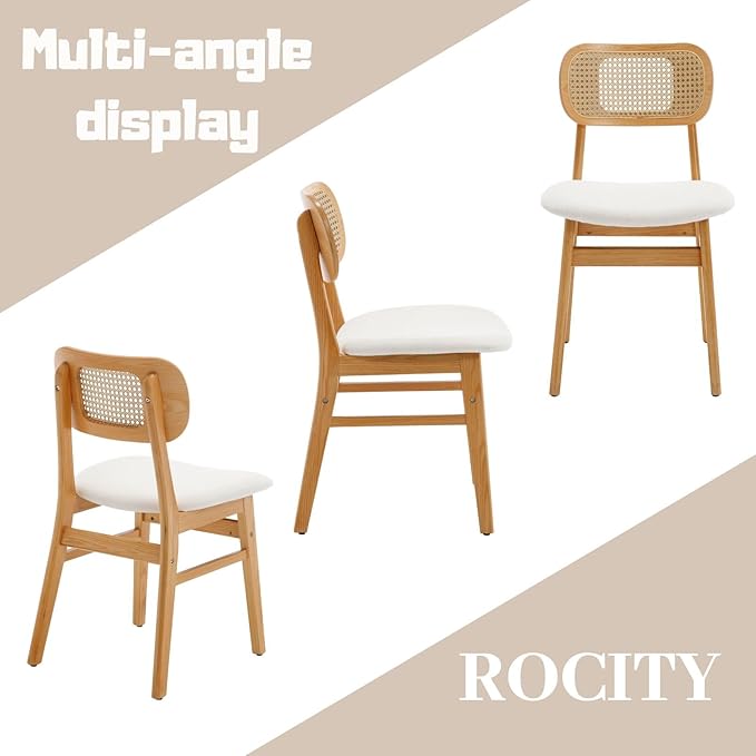 Rattan Dining Chairs Set of 2 Beige Linen Fabric Dining Room Chairs Natural W...