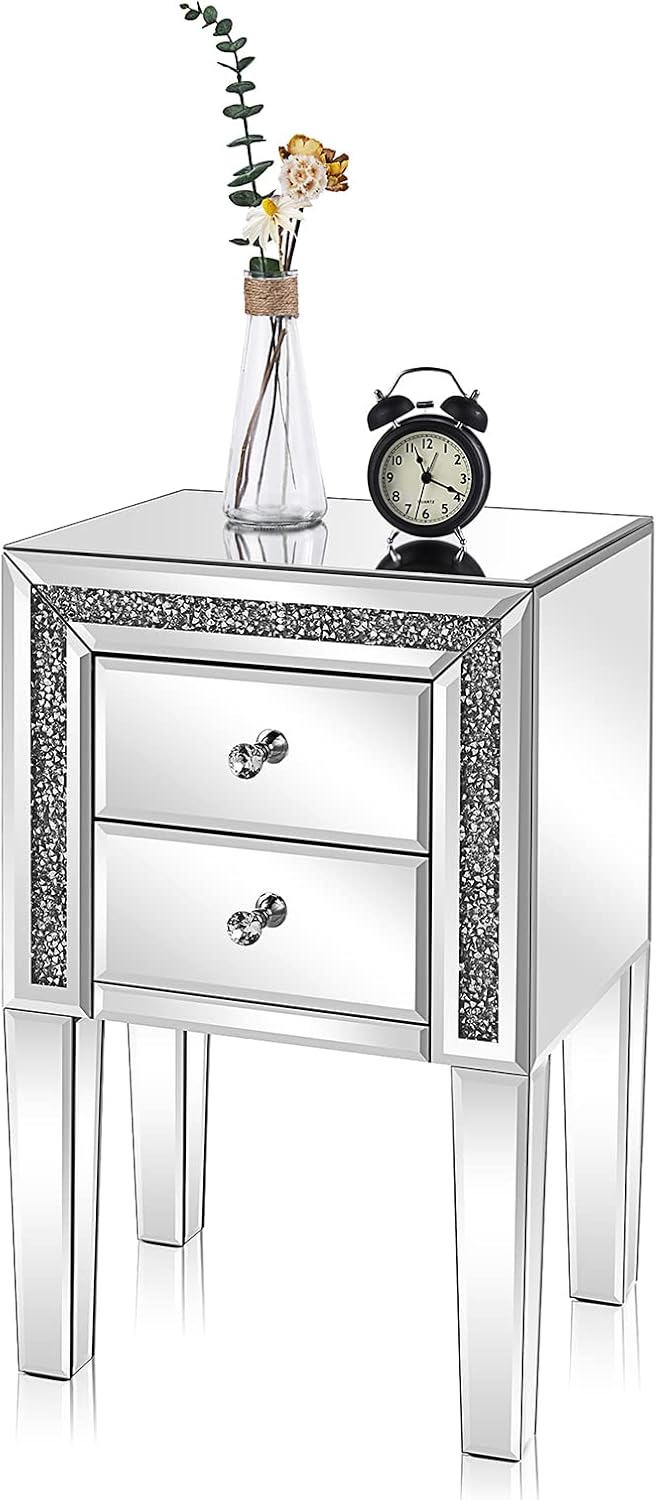 VINGLI Mirror Nightstand with Drawer, Silver Mirrored Glass End Table, Crushe...