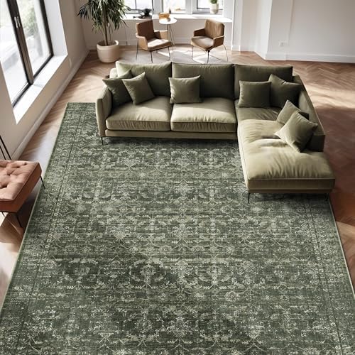 10x14 Washable Living Room Area Rug Soft Boho Dark Green Large Carpet
