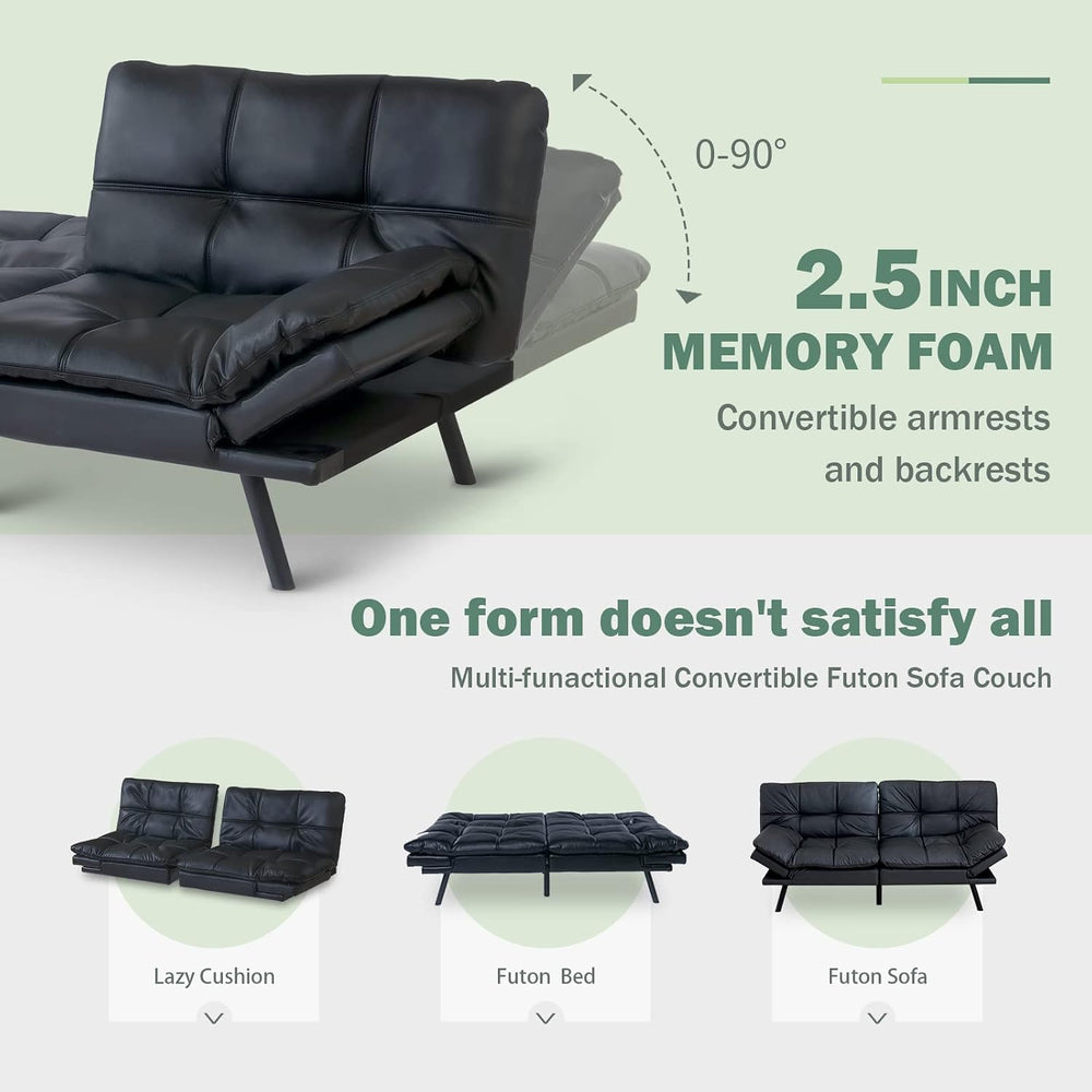 Hcore Convertible Futon Sofa Bed,Black Leather Memory Foam Loveseat Futons So...