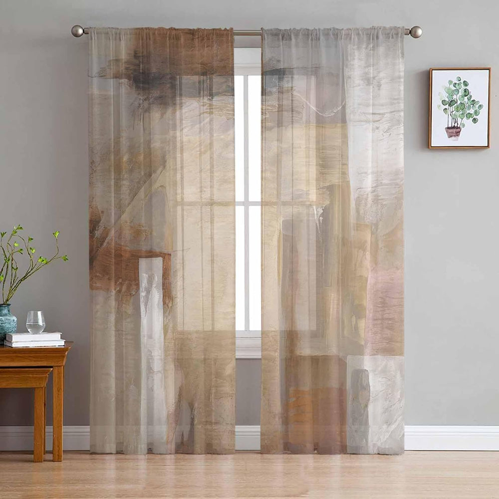 Oil Modern Paintings Abstract Sheer Curtains 84 Inch Length 2 Panels Set, Geo...
