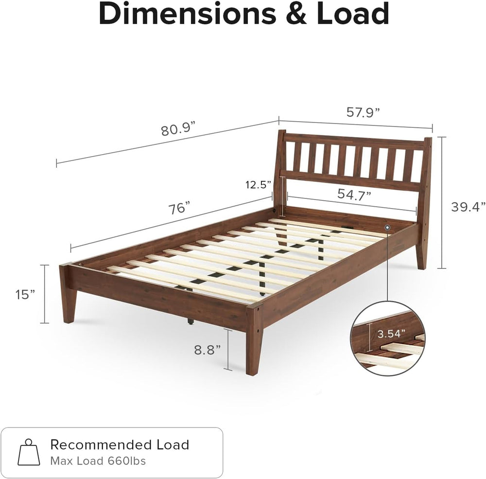 mopio Ted Full Bed Frame, Headboard, Platform Bed (Solid Wood, Slatted)