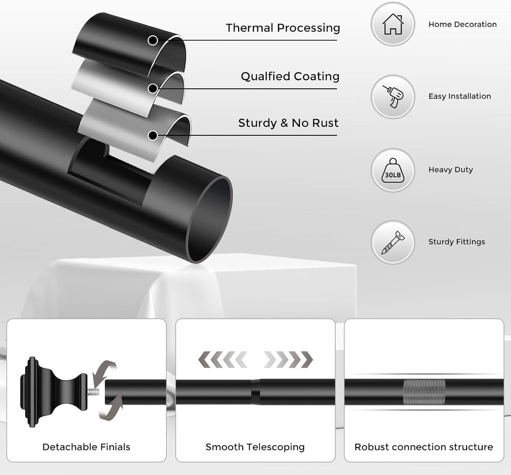 Curtain Rod 36-124 Inch, 1Inch Adjustable Square Black Curtain Rod