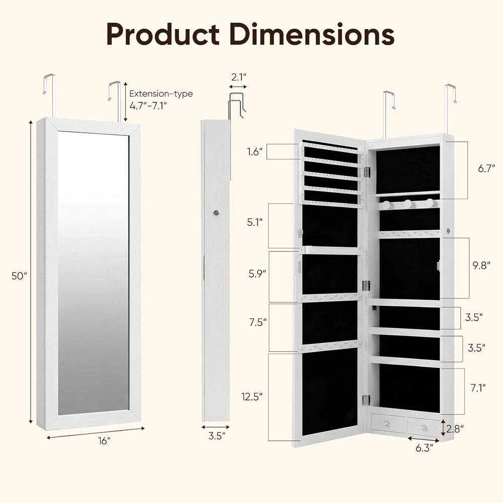 Antok 6 LEDs Jewelry Cabinet with Lock, 50" Full Length Mirror Wall Moun...