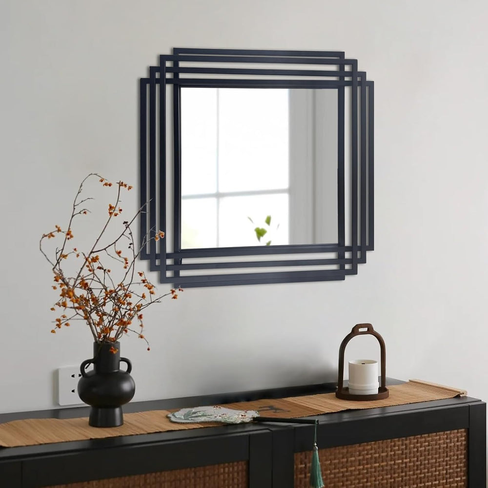 24"x24" Square Decorative Wall Mirror with Black Geometric Frame
