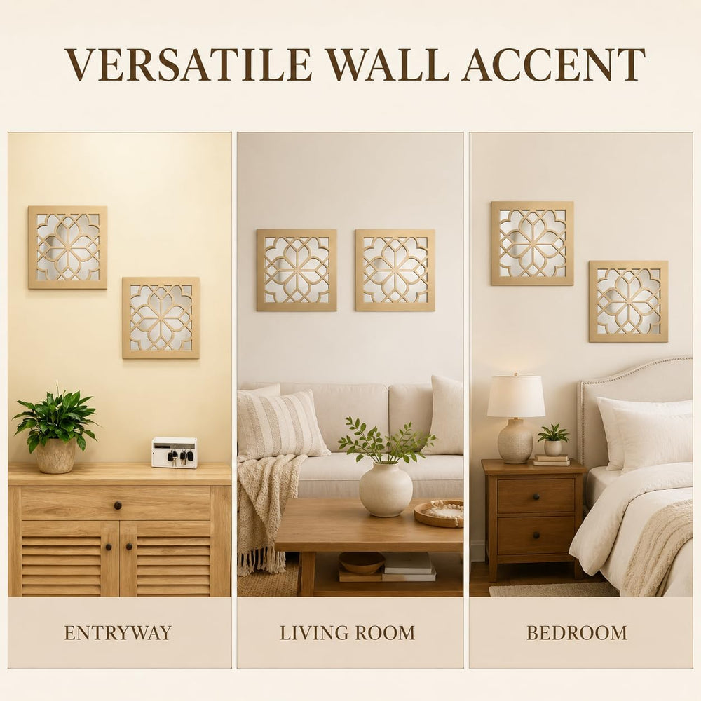 Set of 2 Boho Square Wall Mirrors - Matte Gold Metal Shatterproof Hanging for...