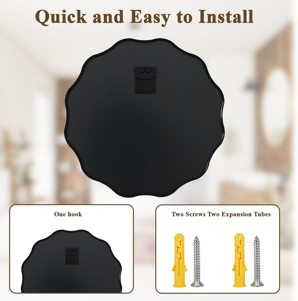 VooBang Black Scalloped Circle Mirror 20" Wavy Edge Round Wall Mirror