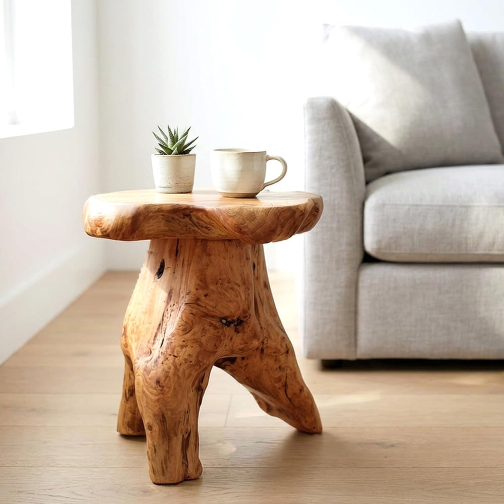 WELLAND Natural Cedar Stump Stool, Live Edge Mushroom Side Table, 14" H