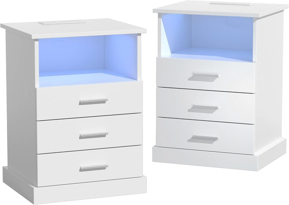 Nightstand with Charging Station, LED Lights Side Table with 3 Drawers, End T...