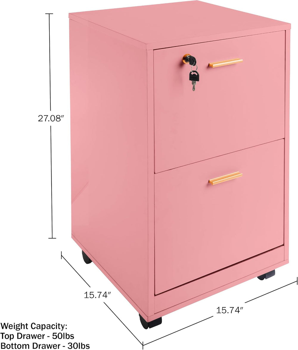 Lavish Home 2-Drawer Wooden File Cabinet with Lock, Pink, 16” x 27” | Rolling...