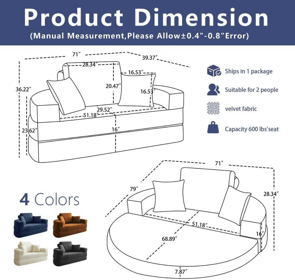 Mofolit 71" Boneless Couch Loveseat Folding Sofa Bed Convertible Round F...