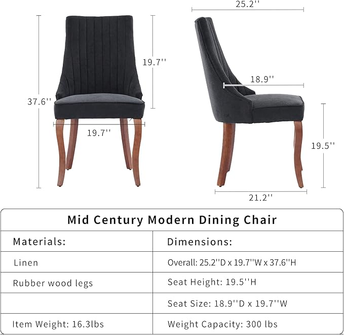 Black Mid Century Dining Chairs Set of 2, Modern Kitchen & Dining Room Se...