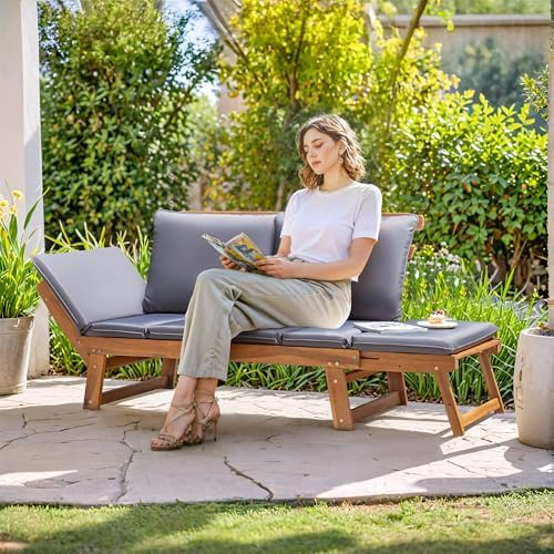 Greesum Patio Convertible Couch Sofa Bed with Adjustable Armrest, Acacia Wood...