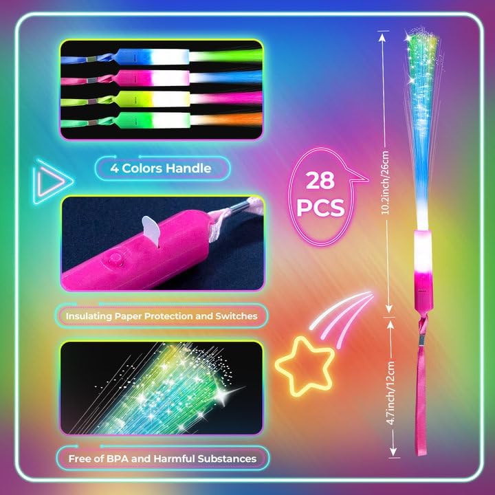 28 PCS Glow Fiber Wands Sticks, LED Light Wands, Halloween Glow in The Dark P...