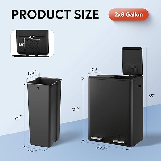WLIVE 2 x 8 Gallon Stainless Steel Dual Trash Can, Double Trash Can Kitchen