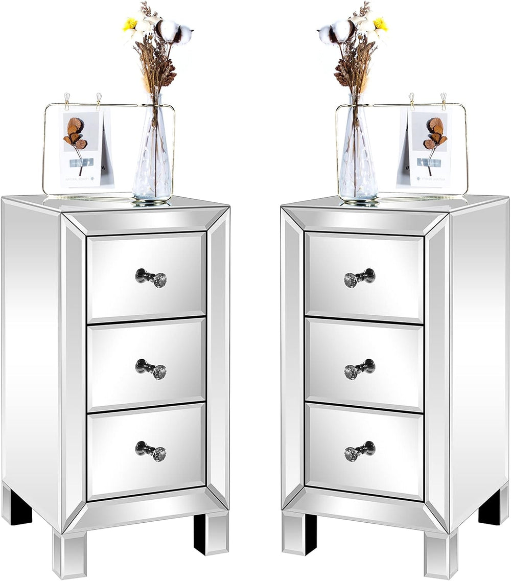 Bonnlo 3-Drawer Mirrored Nightstand Set of 2, End Table, Bedside Table, Glass...