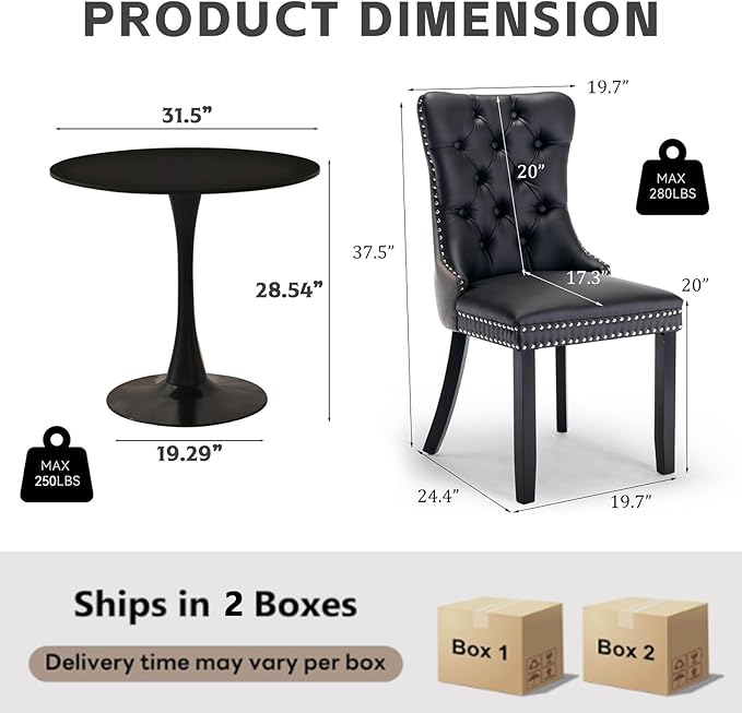 3-Pieces 31.5" Round Dining Table Set for 2, Black Dining Table & PU...