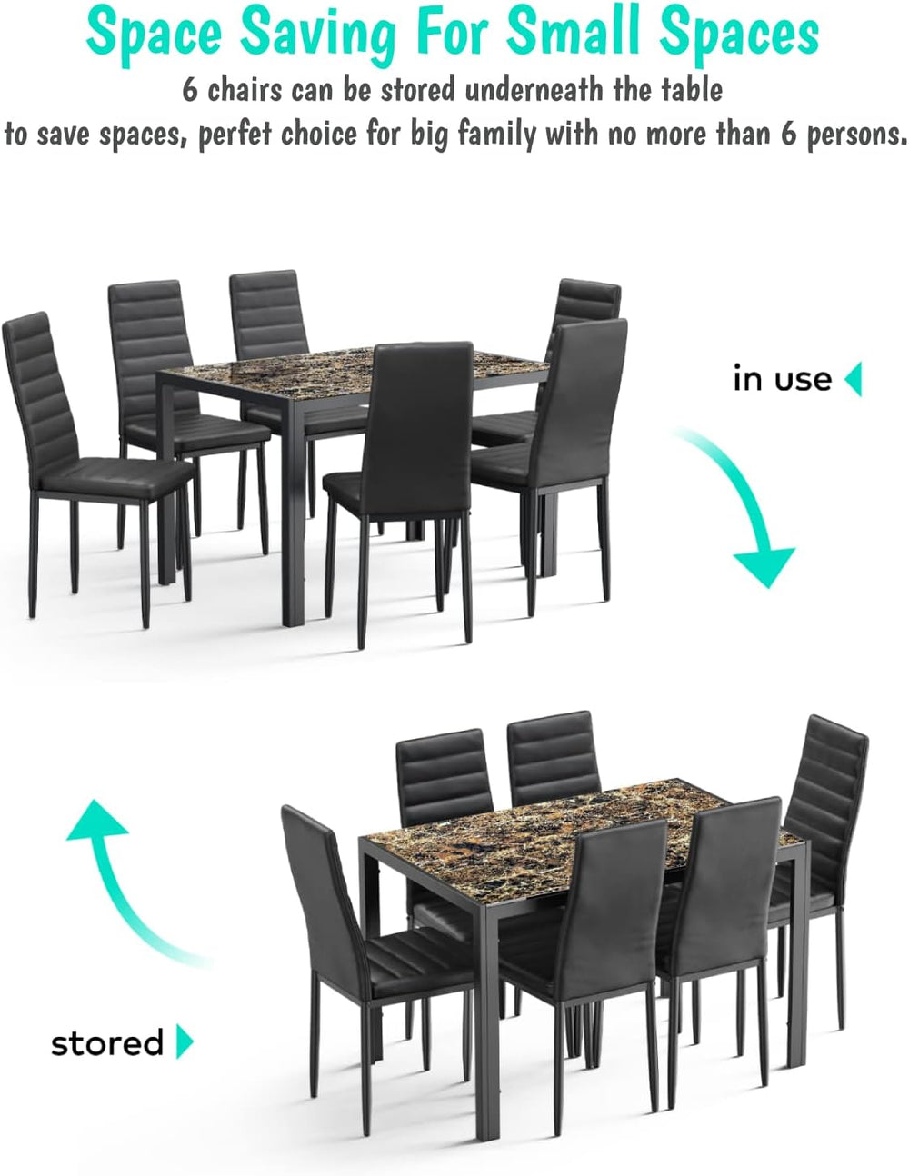 Gizoon Marble 7 Piece Glass Dining Table Set, Kitchen Table and Chairs Set