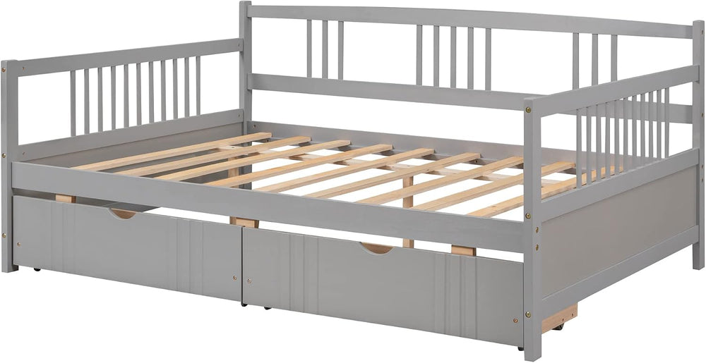 Full Size Wooden Daybed with Two Storage Drawers and 10 Wooden Slats Support,...